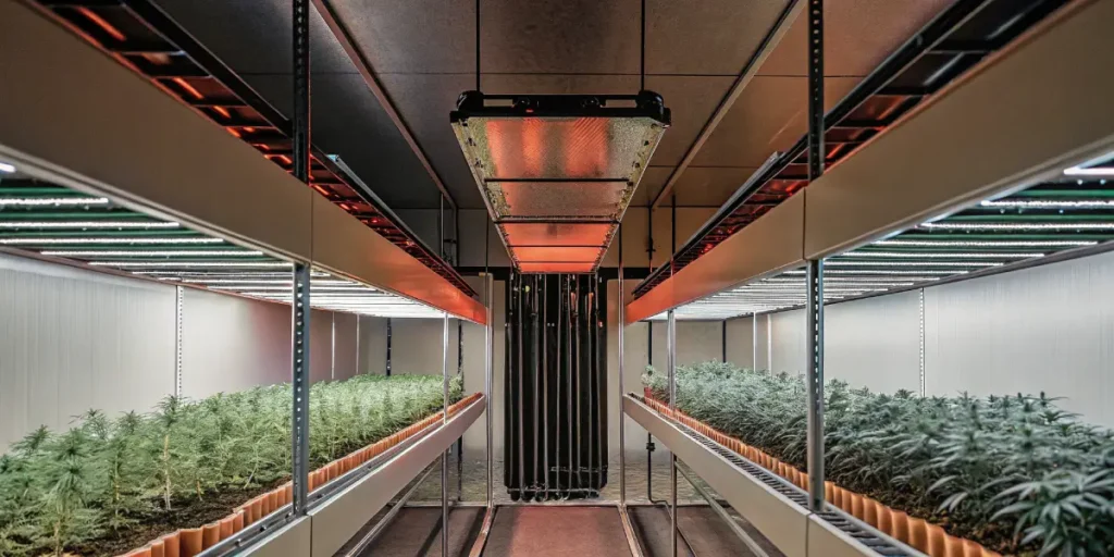 Wide-angle view of a professional multilayer indoor cannabis grow room with LED lighting.