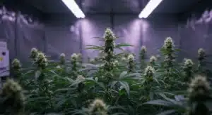 Flowering cannabis plants under purple LED lights in indoor grow room.