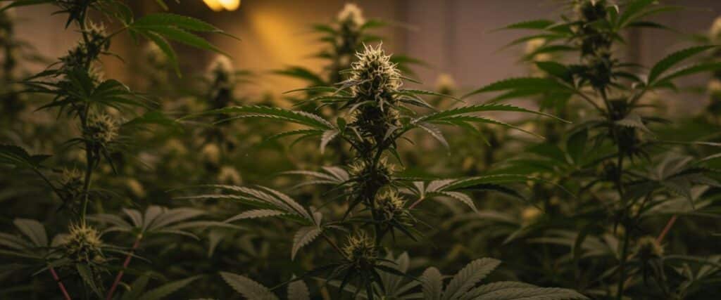 Indoor cannabis plants in early flowering stage with warm light.