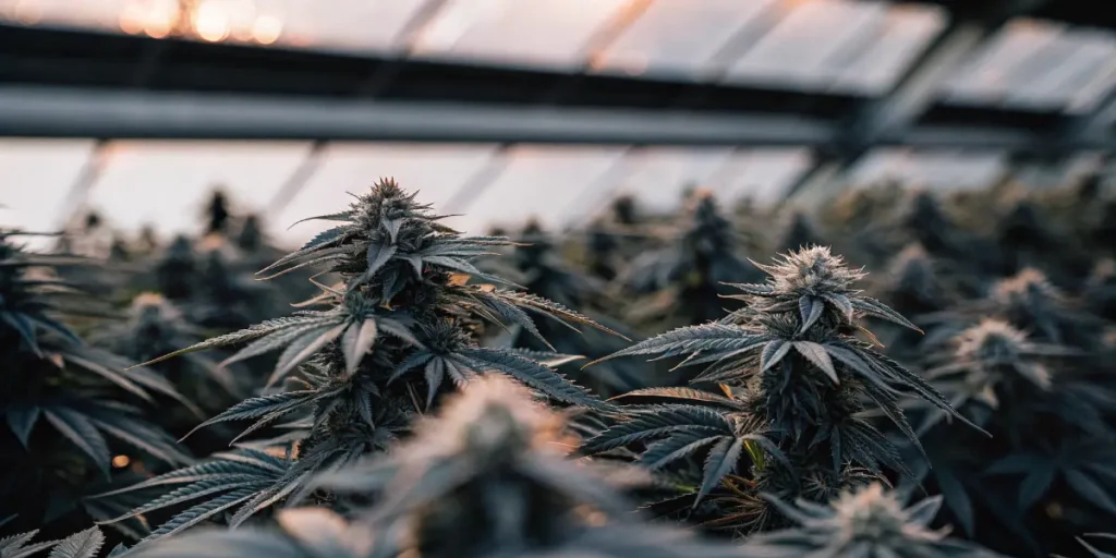 Indoor cannabis flowering under grow lamps with dark leaves and frosty buds.