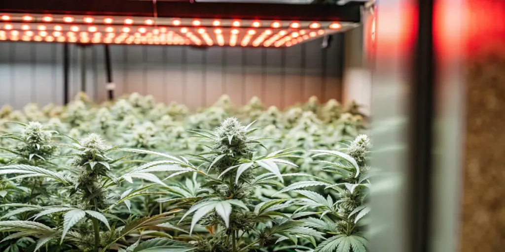 Indoor cannabis plants flourishing under red LED grow lights.