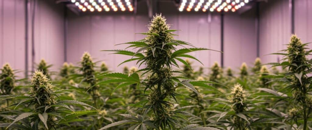 Indoor cannabis grow with flowering plants under LED lights.