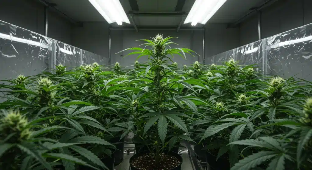 Cannabis flowering plants growing indoors under bright LED lighting.