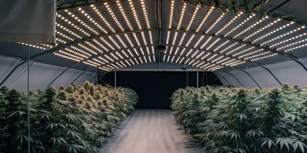 indoor cannabis grow room with rows of flowering plants under LED lights