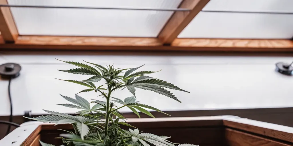 Indoor cannabis plant growing under natural sunlight through a skylight.