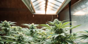 Indoor cannabis plant under artificial grow light in a controlled environment.