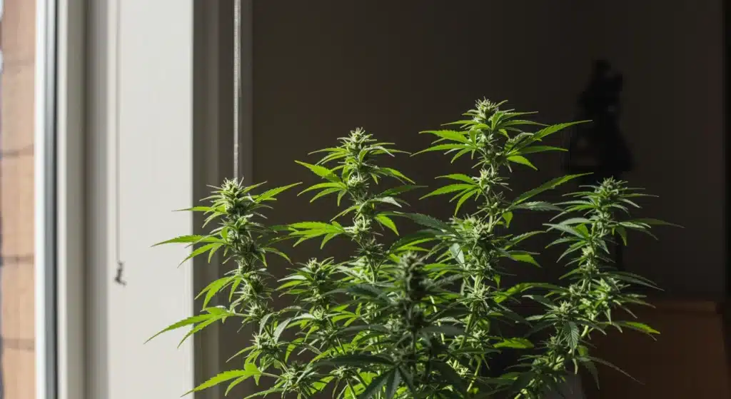 Cannabis plants flowering indoors beside a sunny window.