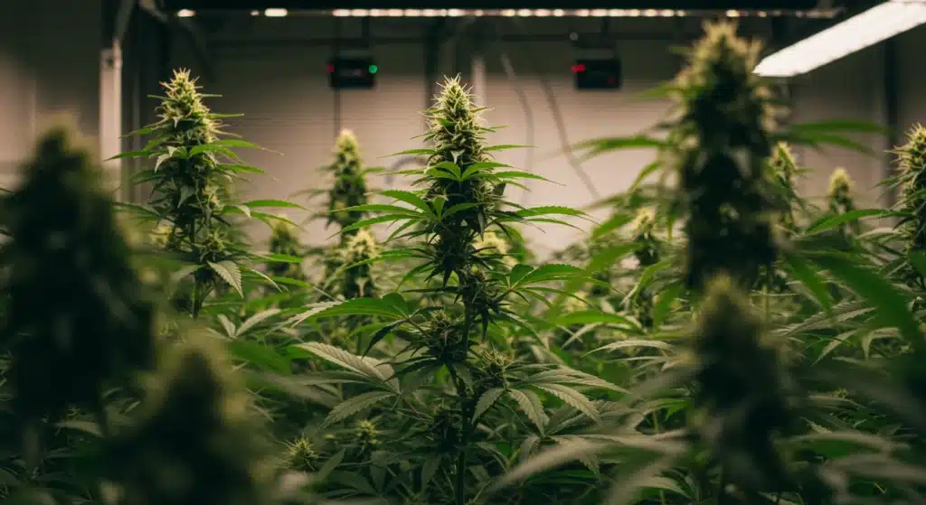 Indoor-cannabis-plants-flowering-room with tall plants and LED lighting in a commercial grow space.