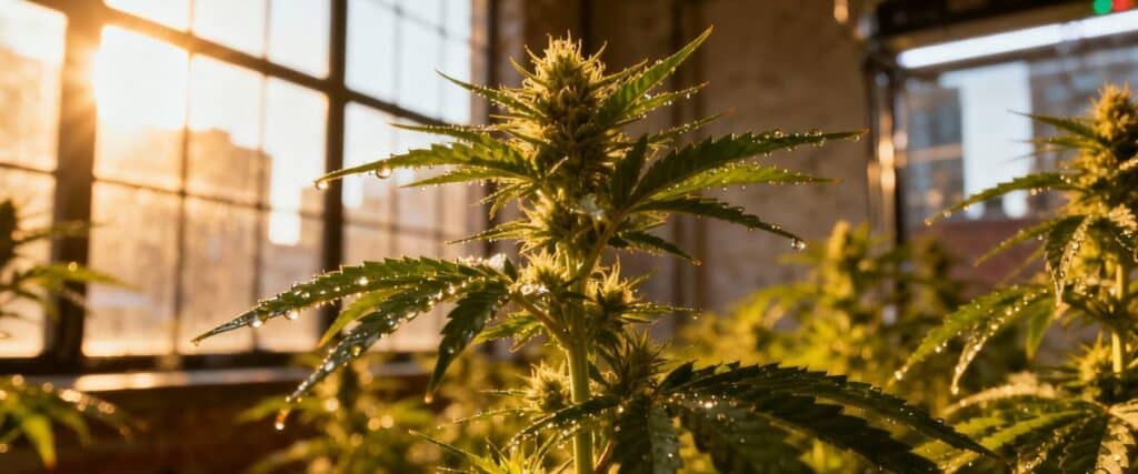 Indoor cannabis plants in flowering stage inside reflective grow tent.