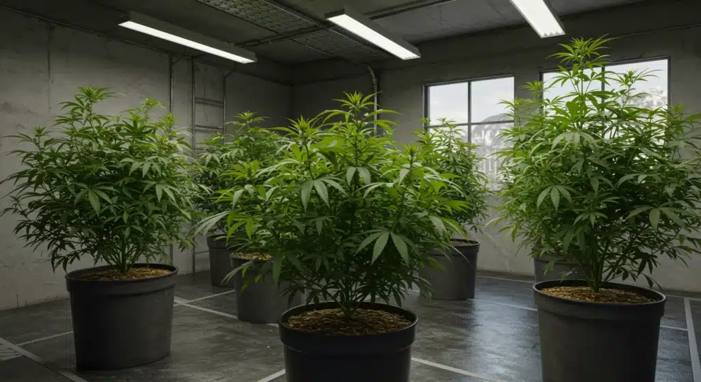 Indoor cannabis plants in grow room with LED lights and healthy green foliage.