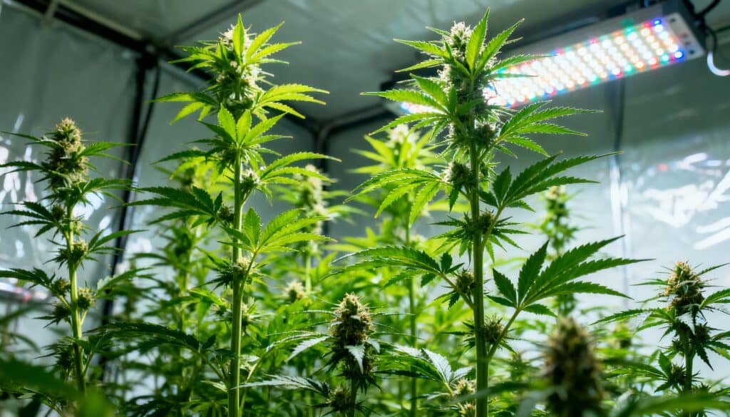 Indoor cannabis plants under LED grow lights with dense green buds and tall stems from Blimburn genetics.