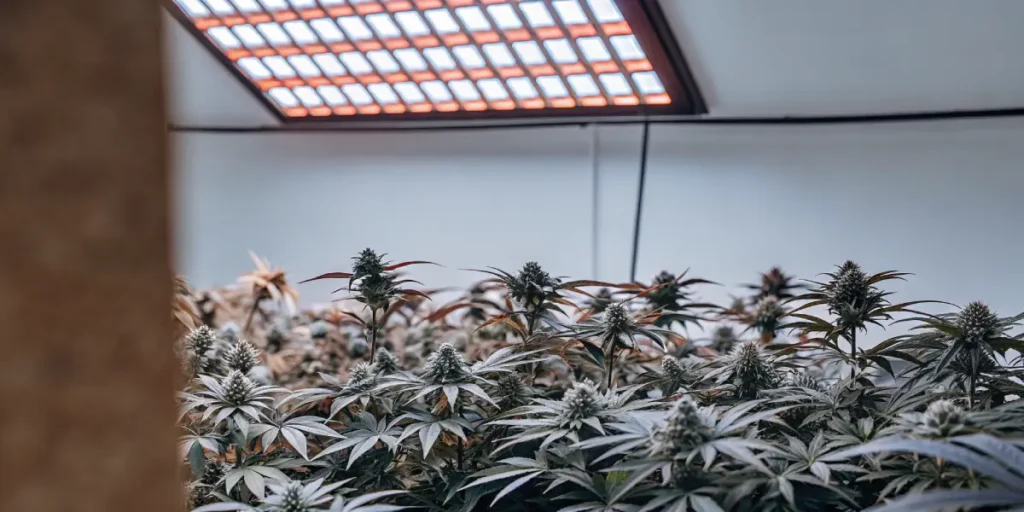 Indoor cannabis garden with multiple flowering plants under LED panels.
