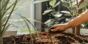 Gardener preparing soil for cannabis plants indoors with sunlight.