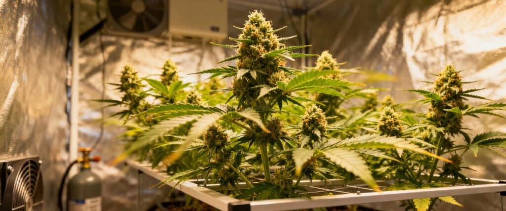 Cannabis plants growing inside a compact indoor grow cabinet.