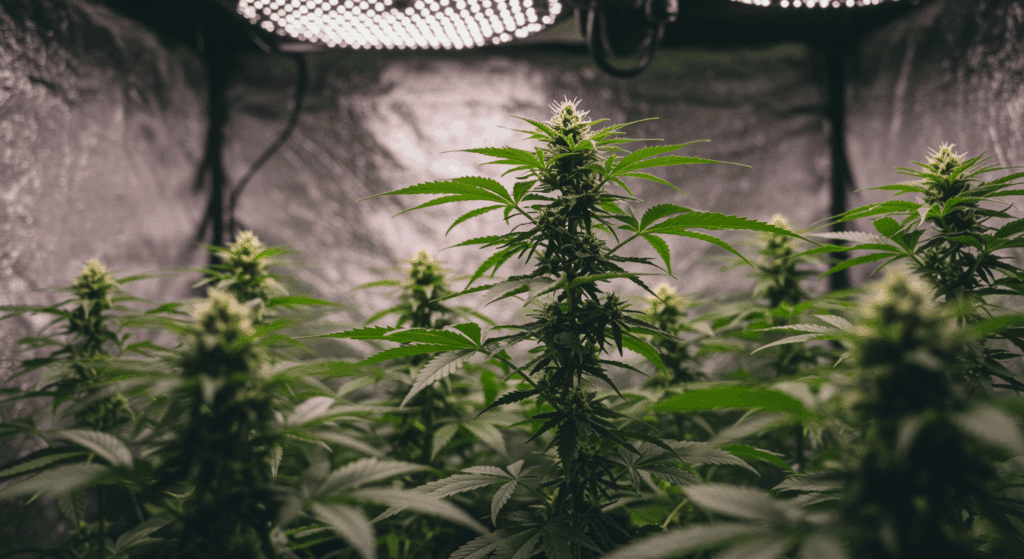 Tall cannabis plants in a reflective indoor grow tent under LED light.