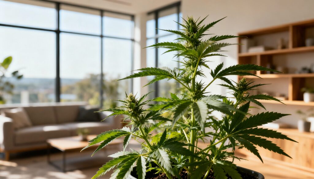 Indoor cannabis plant growing near bright windows in a modern living room.