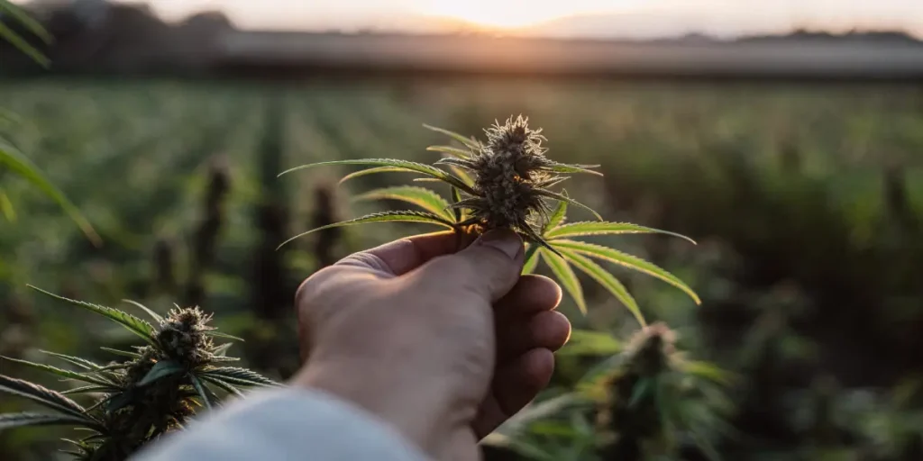 Person inspecting a cannabis flower in a sunlit field at dusk.
