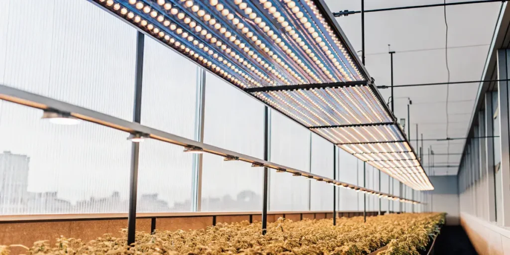 LED lighting system illuminating rows of plants in indoor farming setup