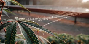 Close-up of a marijuana leaf covered in morning dew under natural light.