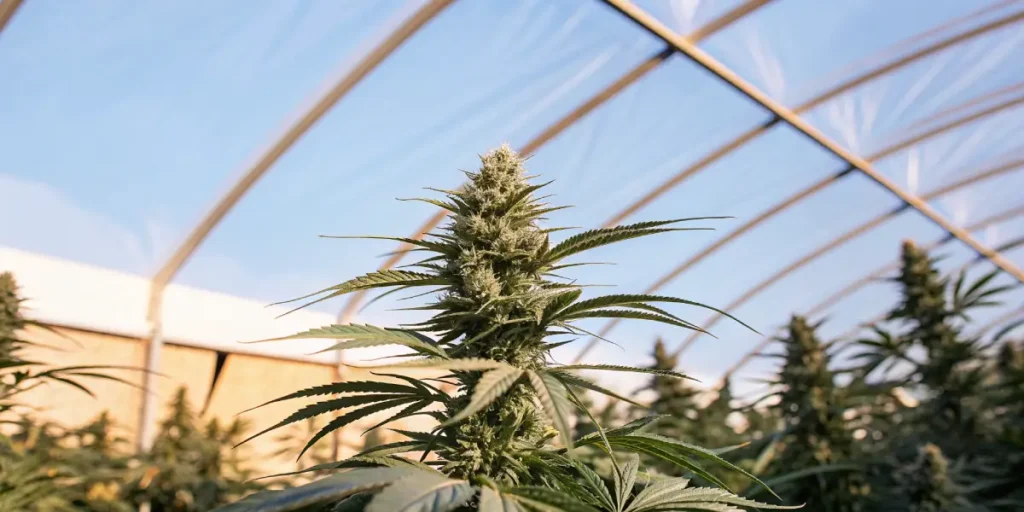 Mature feminized cannabis plant growing in a greenhouse.