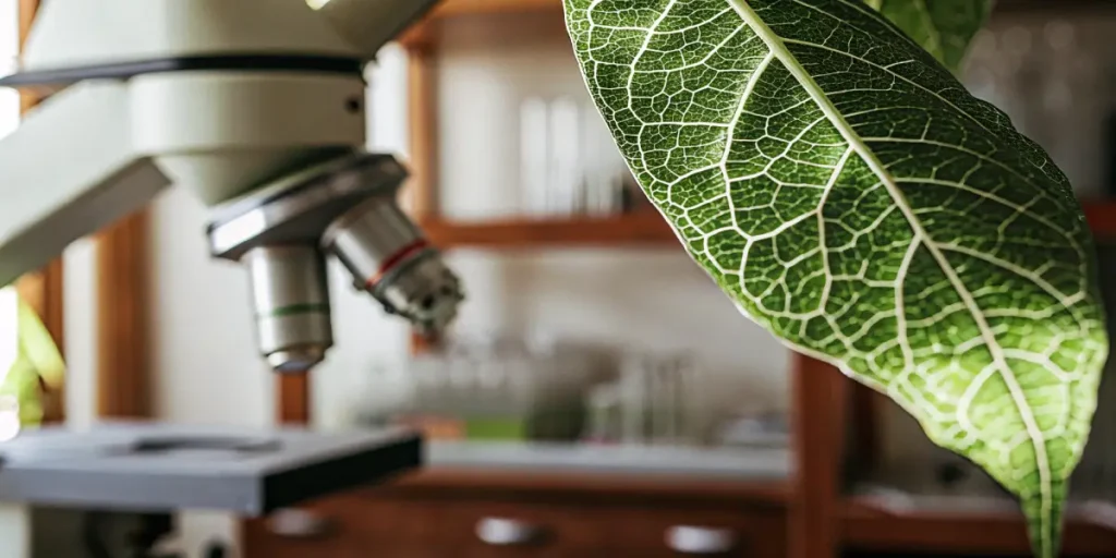 Green leaf examined under microscope with visible vein structure.