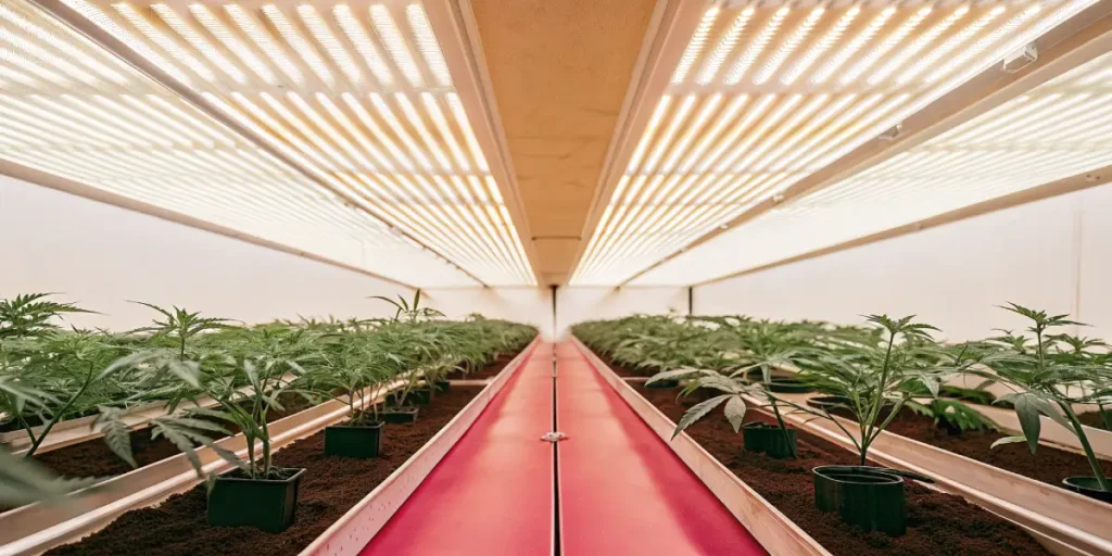 salle moderne de culture intérieure de cannabis avec éclairage LED et jeunes plants alignés