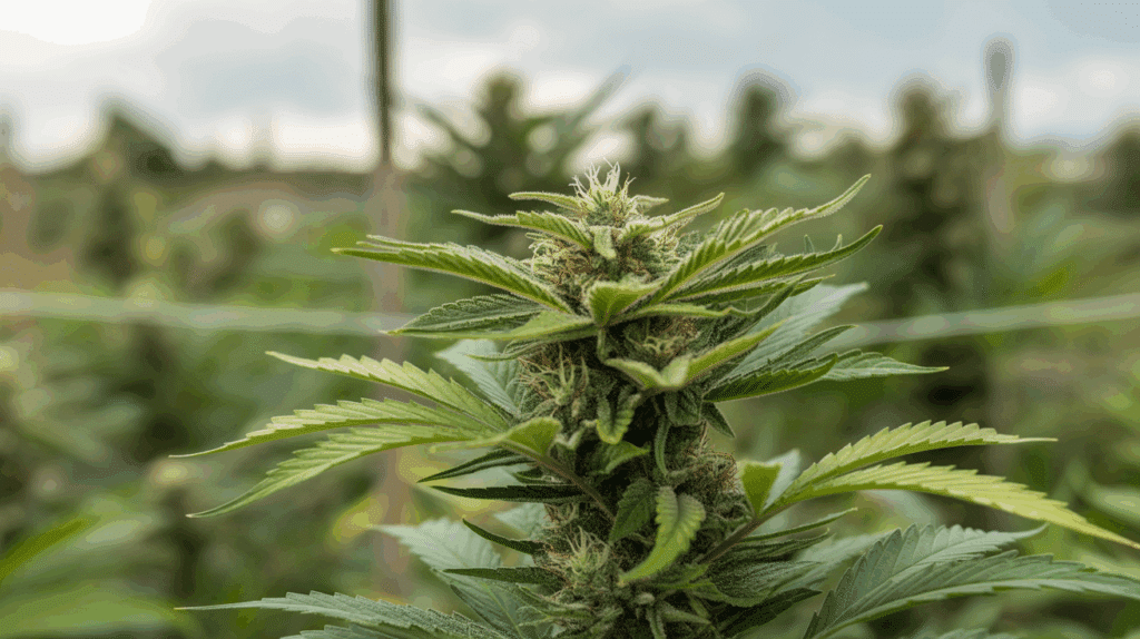 Outdoor cannabis bud closeup with green leaves and orange pistils.