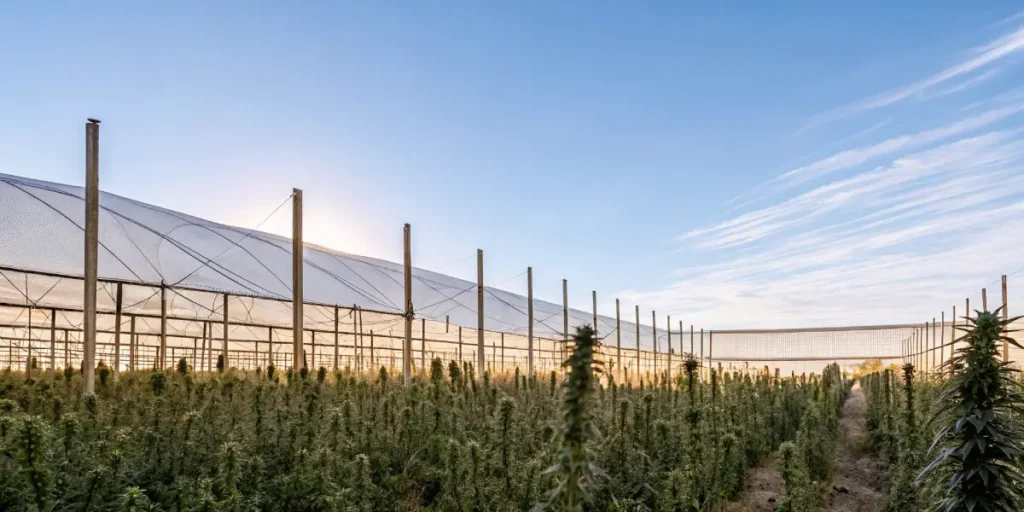 Outdoor cannabis farm under sunlight in greenhouse structure.