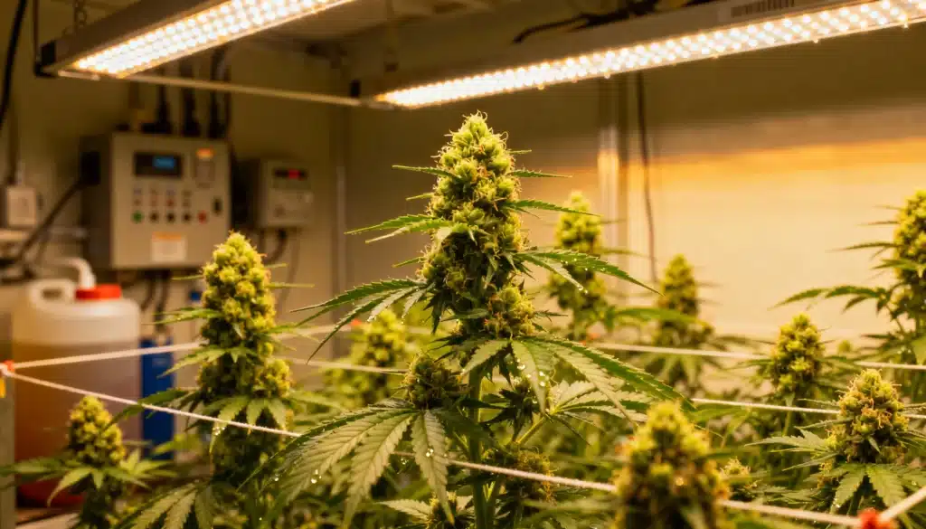 Outdoor-cannabis-field-sunset-flowering with golden light on dense buds.