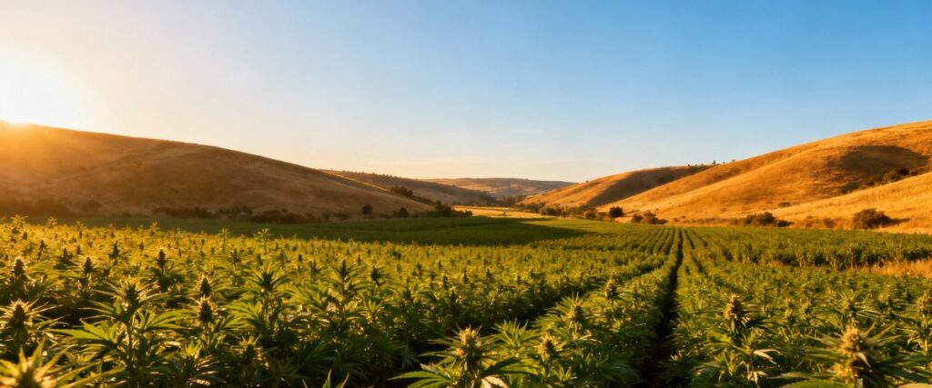Outdoor cannabis field at sunset with rolling hills and golden light.