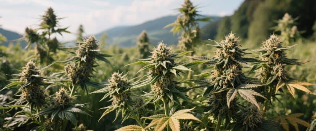 Outdoor cannabis flowering field with multiple mature plants and mountains.