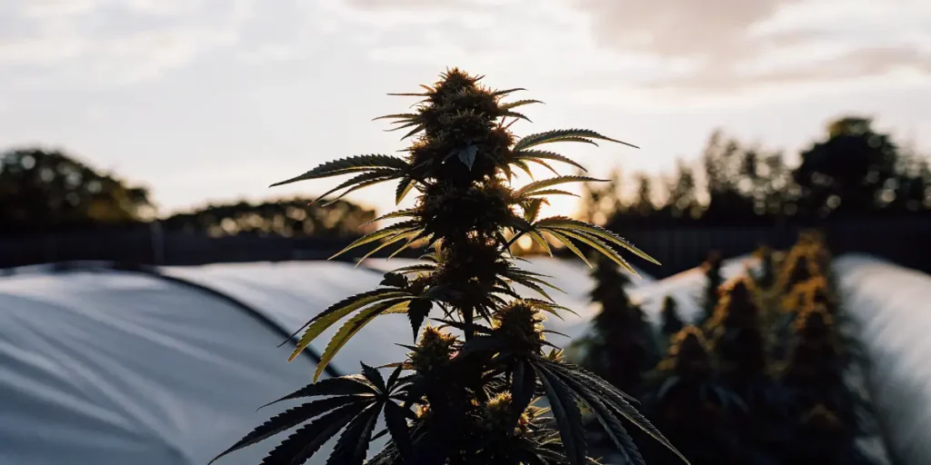 Outdoor cannabis plant at sunset in a greenhouse.