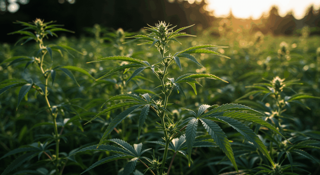 Outdoor cannabis plants in early flowering under warm sunset light.