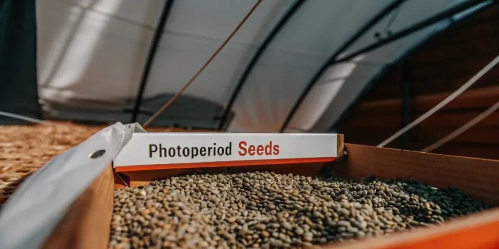 Box labeled Photoperiod Seeds filled with cannabis seeds in storage.