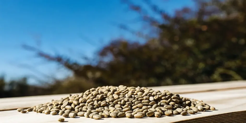 Pile of healthy cannabis seeds resting on a wooden surface outdoors.