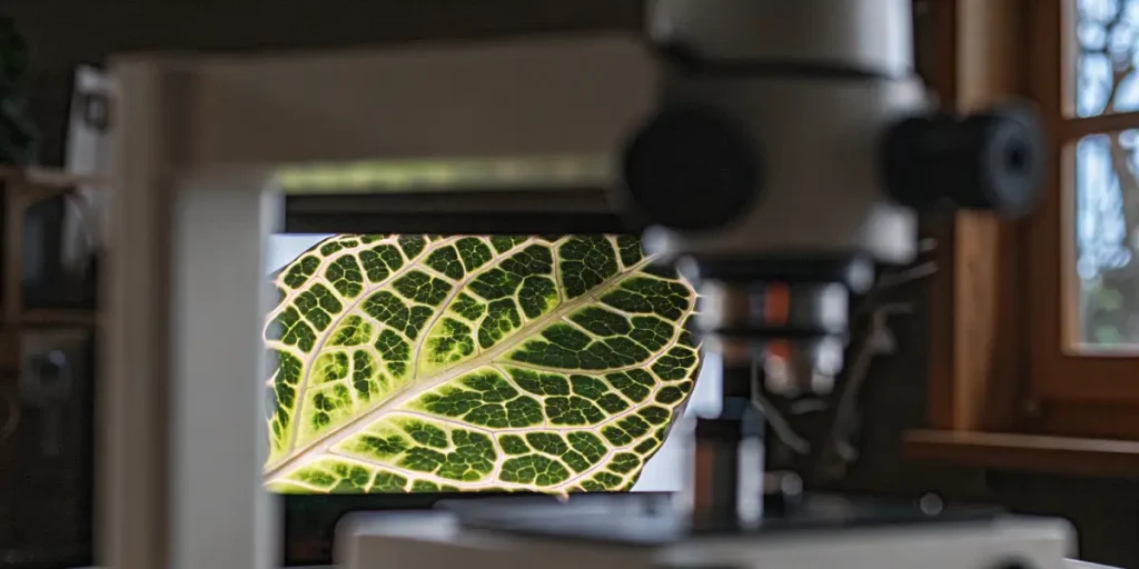 Plant leaf under microscope showing illuminated green vein patterns.