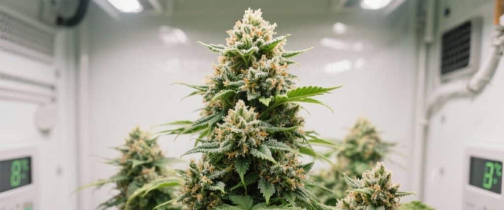 Resinous autoflower hybrid with thick buds under LED grow lights.
