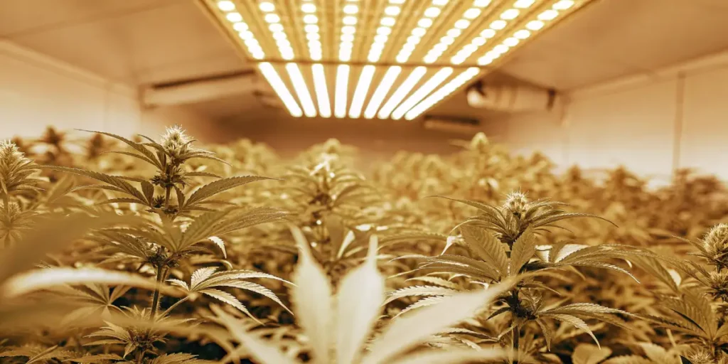 Indoor cannabis plants growing under strong LED lights with dense buds.