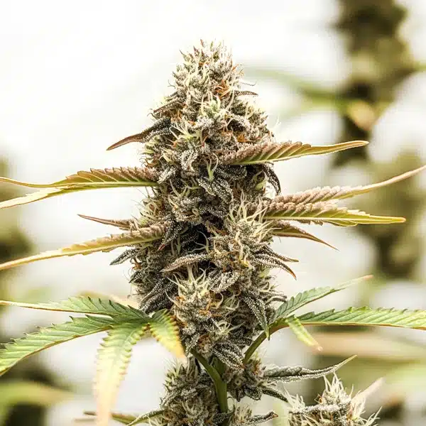 Purple Punch x Purple Kush bud with dark purple leaves and shimmering trichomes.