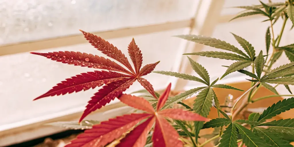 Red and green cannabis leaves with water droplets under sunlight.