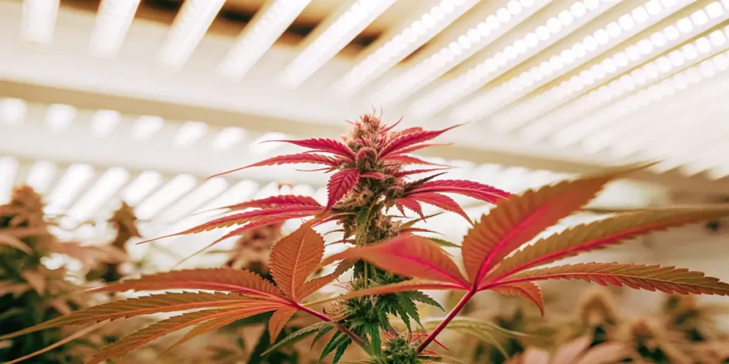 Cannabis plant with vibrant red leaves and buds under LED grow lights in an indoor environment.