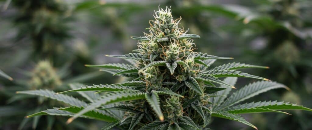 Resin-rich autoflower top cola with orange pistils and trichomes.
