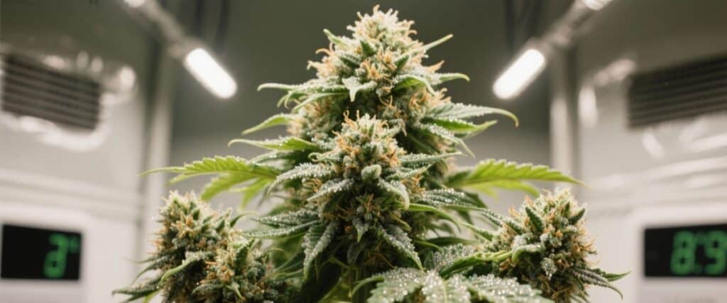 Autoflower plant in full bloom with frosty buds inside a white grow box.