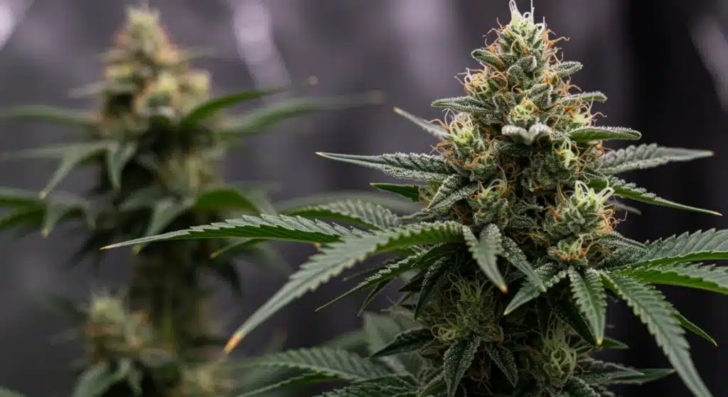 Resinous-cannabis-bud-indoor-closeup with frosty trichomes and vibrant leaves.