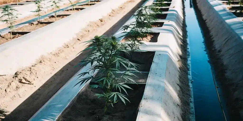 Rows of cannabis plants growing in dry soil with efficient irrigation channels.