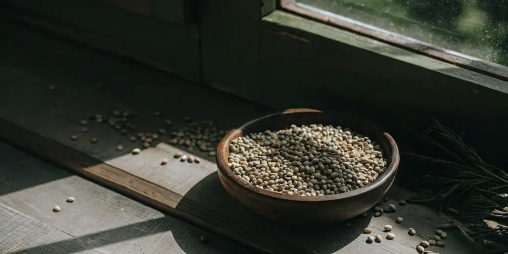 Rustic wooden bowl filled with Gelato cannabis seeds by the window.