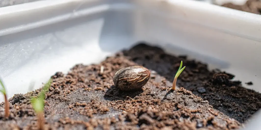 Single cannabis seed beginning to germinate in soil.