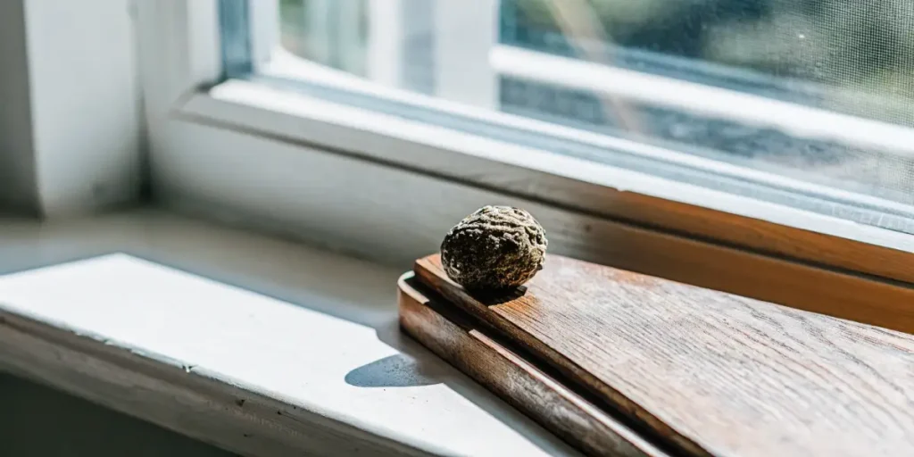 Single CBD-rich cannabis seed on a wooden window sill.