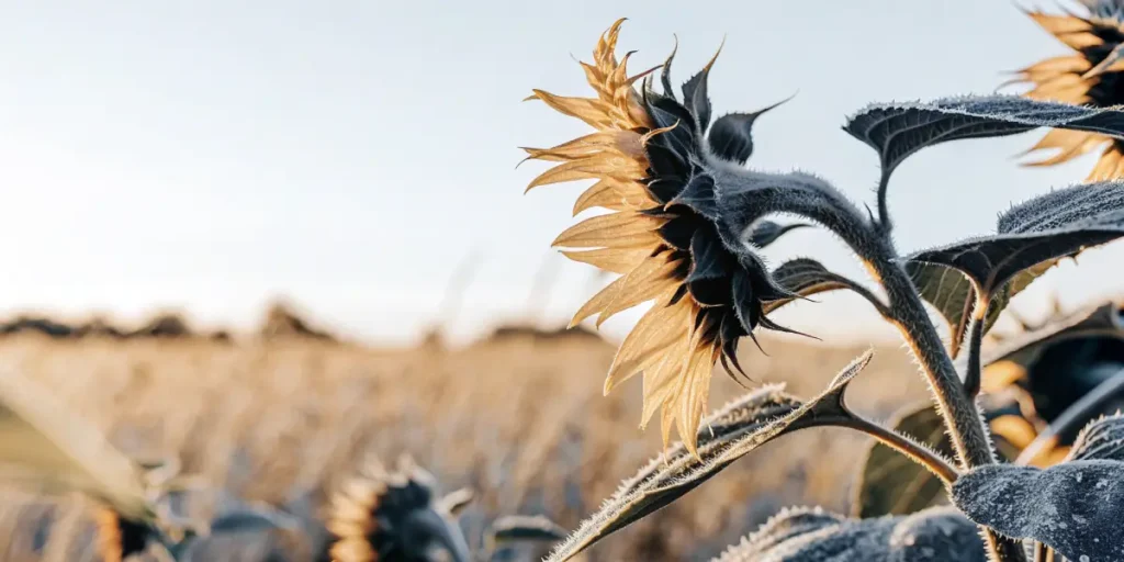 Macro view of sunflower petals with dew drops and frosted leaves.