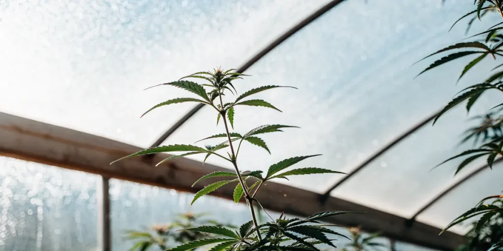 Tall cannabis plant reaching toward greenhouse roof in sunlight.